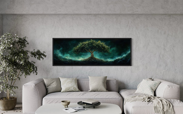 Celtic Tree Of Life Long Narrow Emerald Green Framed Canvas Wall Art in a living room with a grey couch