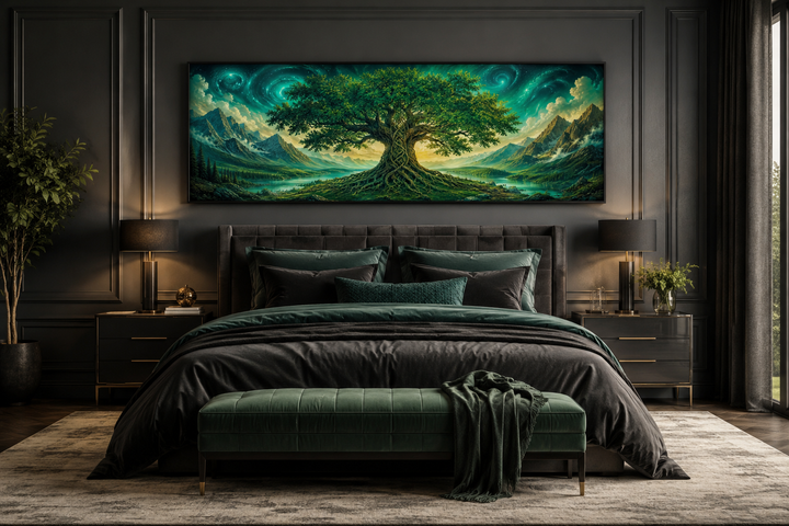 Celtic Tree of Life emerald green framed canvas wall art in a long narrow format above a bed.