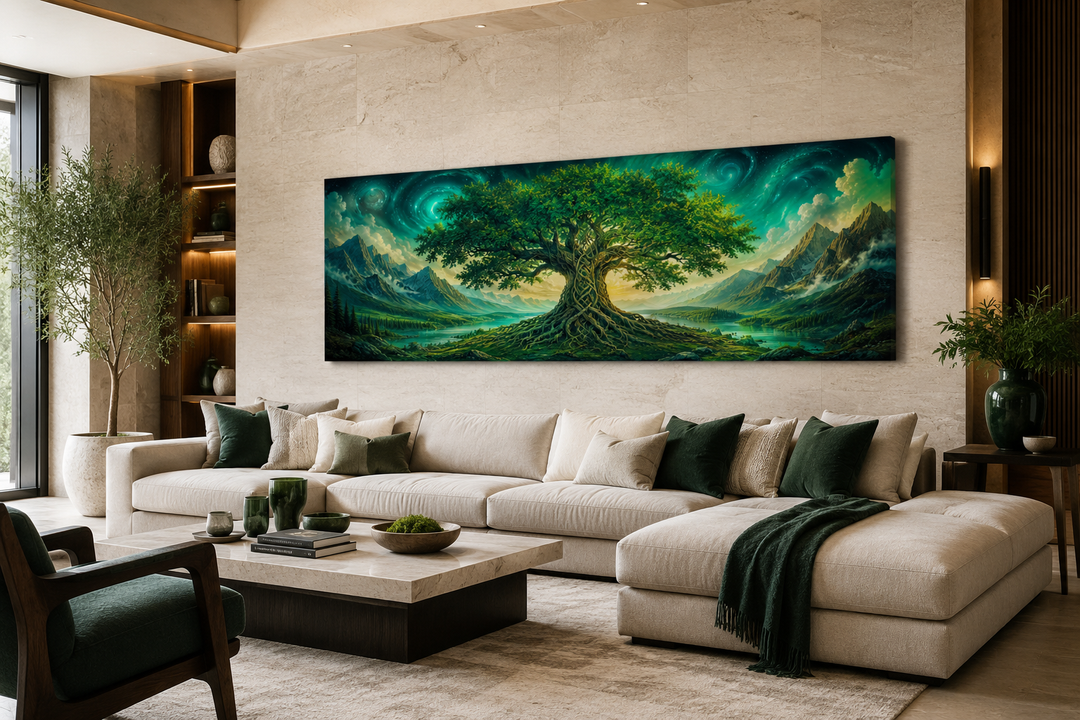 Celtic Tree of Life long narrow emerald green framed canvas wall art hanging above a beige sofa.