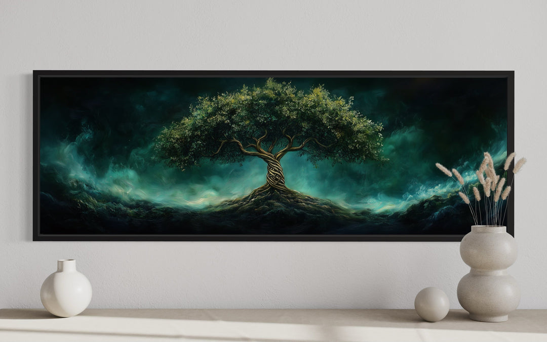 Celtic Tree Of Life Long Narrow Emerald Green Framed Canvas Wall Art close up