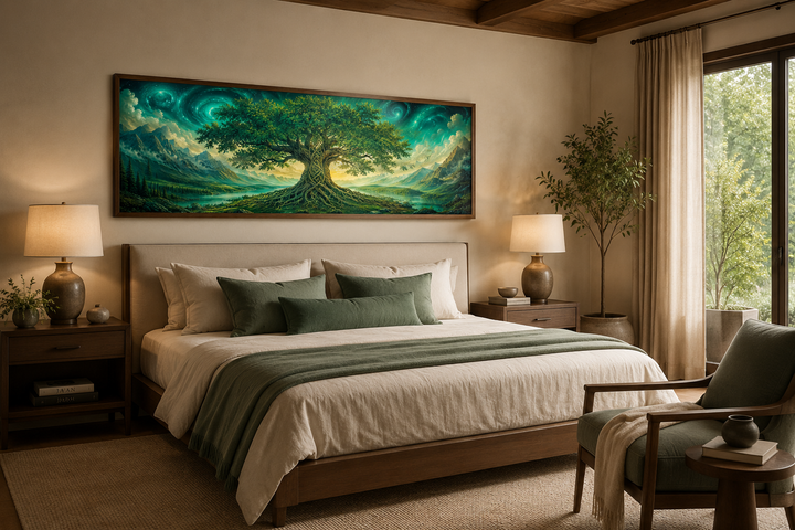 Celtic Tree of Life emerald green framed canvas wall art hanging above a bed in a modern bedroom.