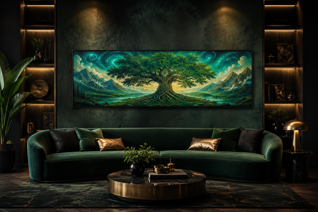 Celtic Tree of Life framed canvas wall art in emerald green above a sofa in a modern living room.