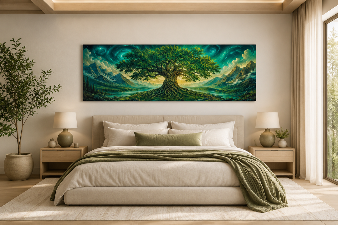Celtic Tree of Life long narrow emerald green framed canvas wall art hanging above a bed.