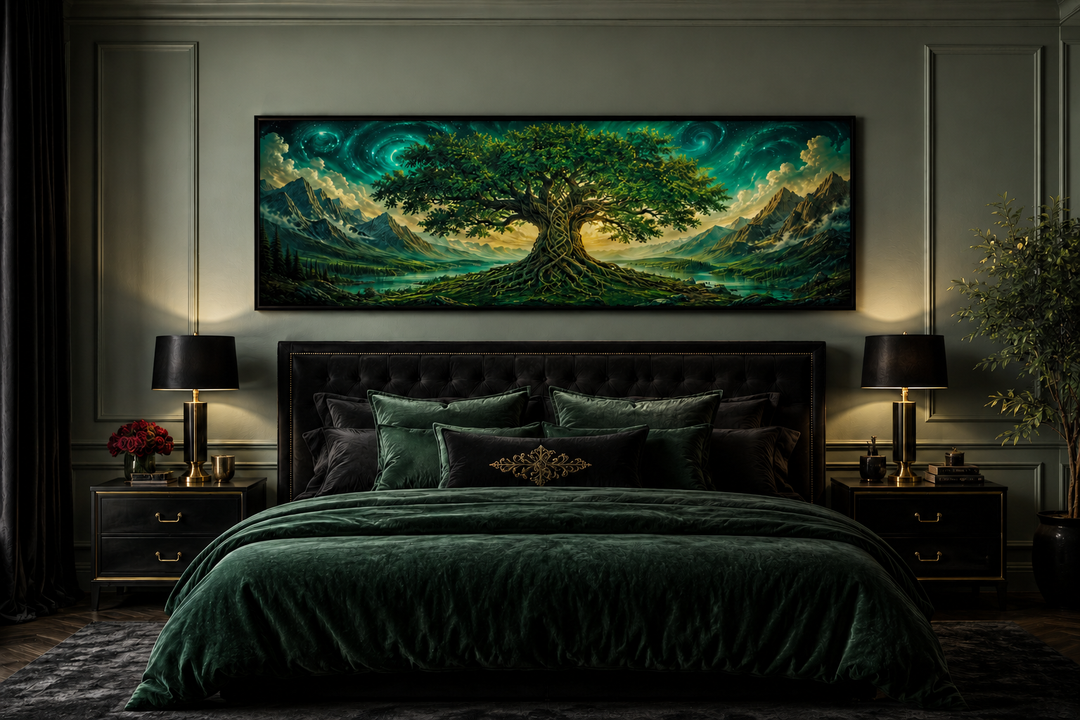 Celtic Tree of Life long narrow emerald green framed canvas wall art hanging above a bed.