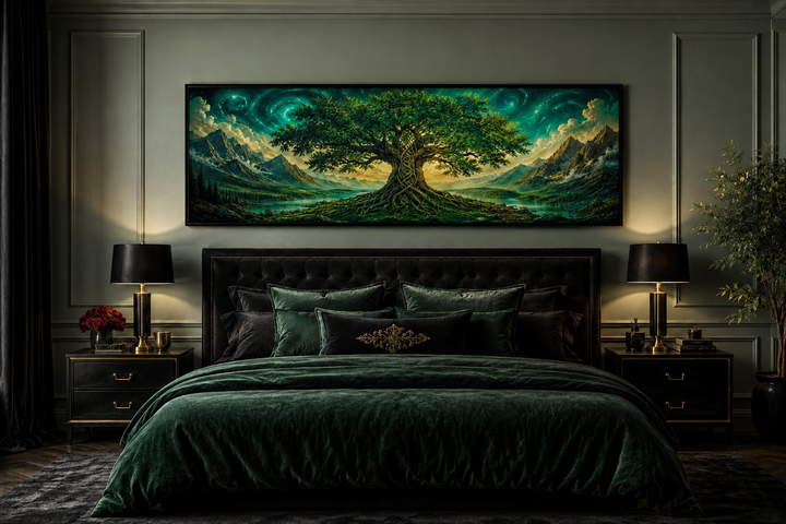Celtic Tree of Life long narrow emerald green framed canvas wall art hanging above a bed.