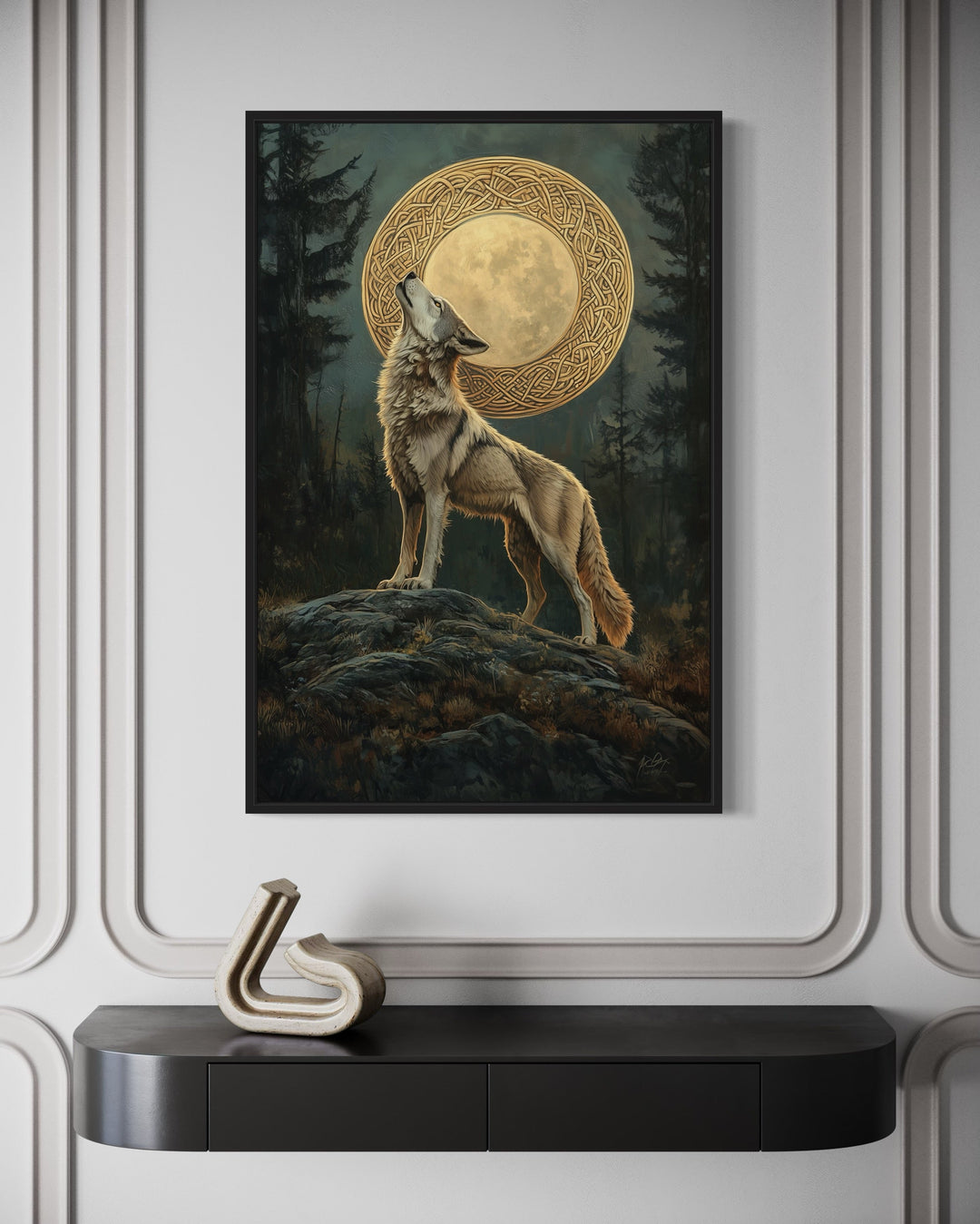 Celtic Wolf And Moon Antique Framed Canvas Wall Art close up