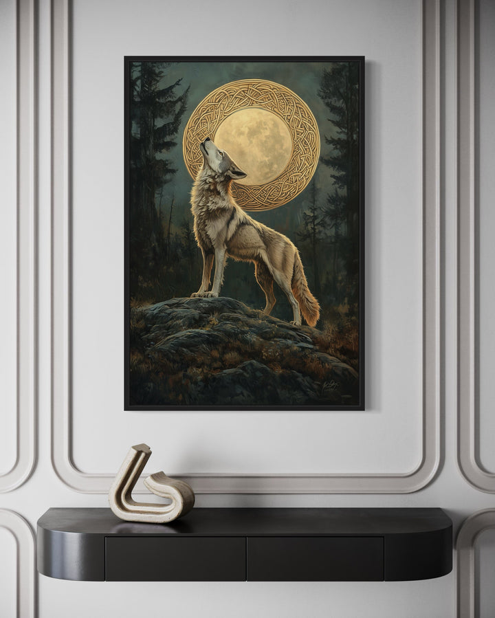 Celtic Wolf and Moon antique framed canvas wall art featuring a wolf howling at a golden moon.