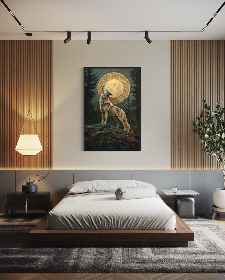 Celtic Wolf And Moon Antique Framed Canvas Wall Art in a bedroom with a bed and a painting on the wall