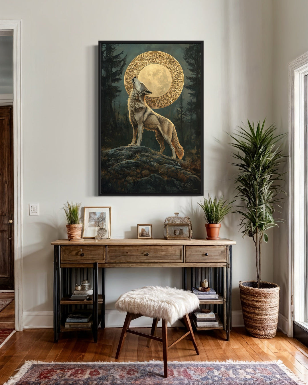 Celtic Wolf And Moon Antique Framed Canvas Wall Art in above a desk