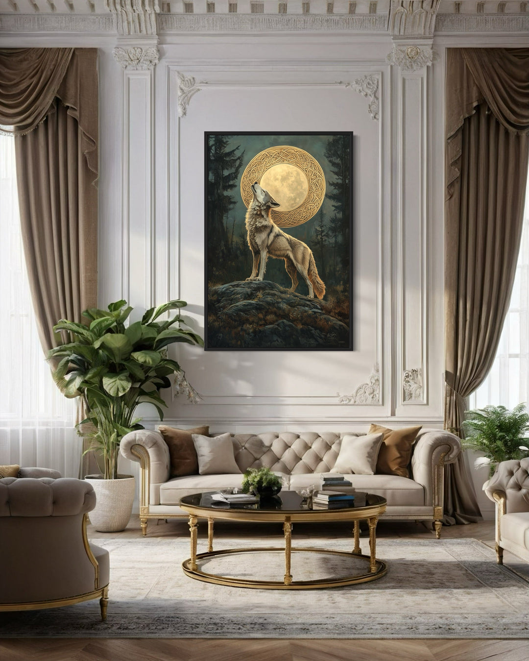 Celtic Wolf And Moon Antique Framed Canvas Wall Art in a living room filled with furniture and a painting on the wall