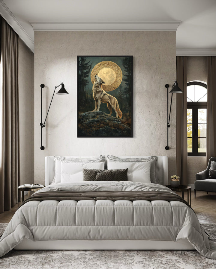 Celtic Wolf And Moon Antique Framed Canvas Wall Art