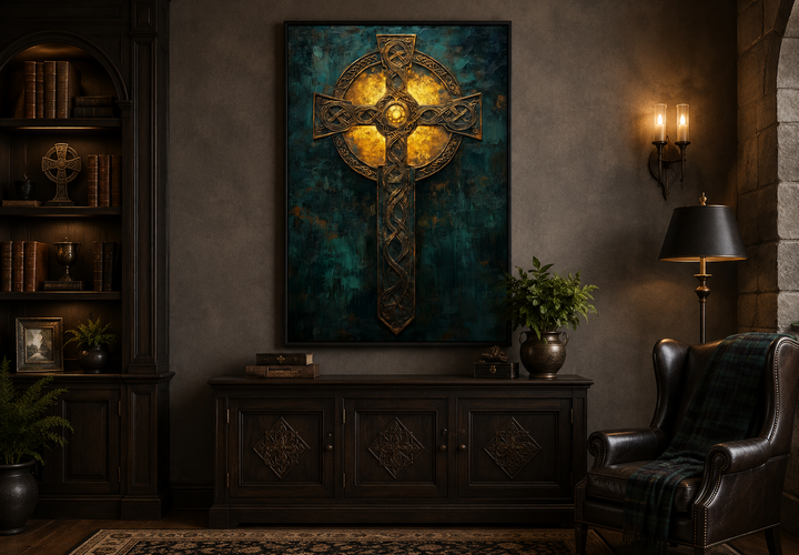 Antique Green Gold Celtic Cross Framed Canvas Wall Art in a dark, traditional room setting.