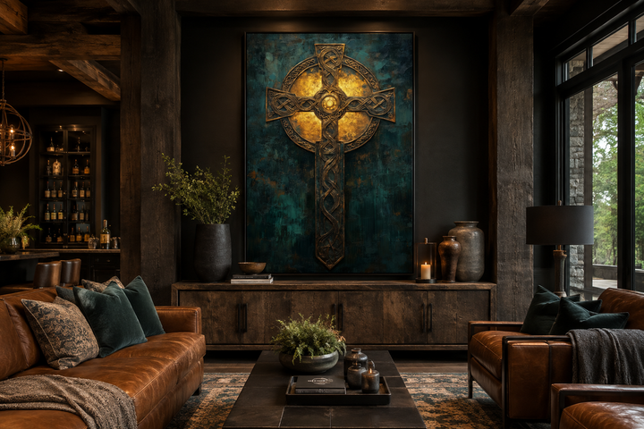 Antique Green Gold Celtic Cross Framed Canvas Wall Art in a dark, rustic living room.