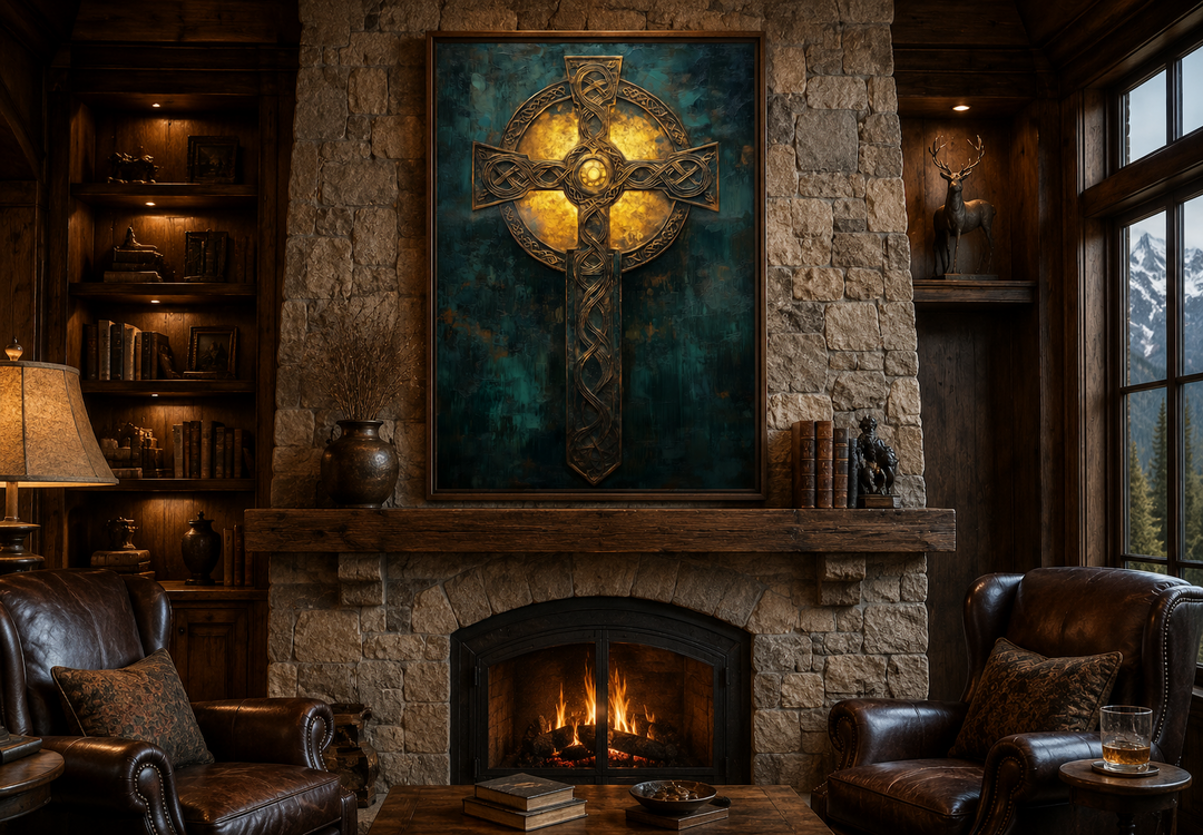 Antique green and gold Celtic cross framed canvas wall art hanging above a stone fireplace.