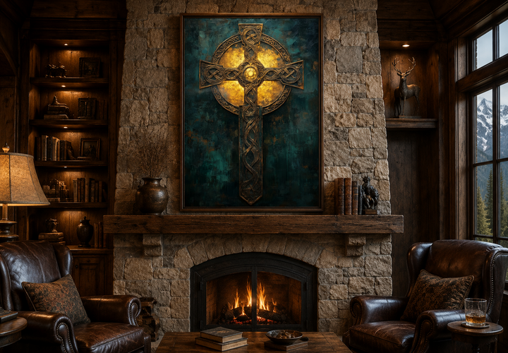Antique green and gold Celtic cross framed canvas wall art hanging above a stone fireplace.
