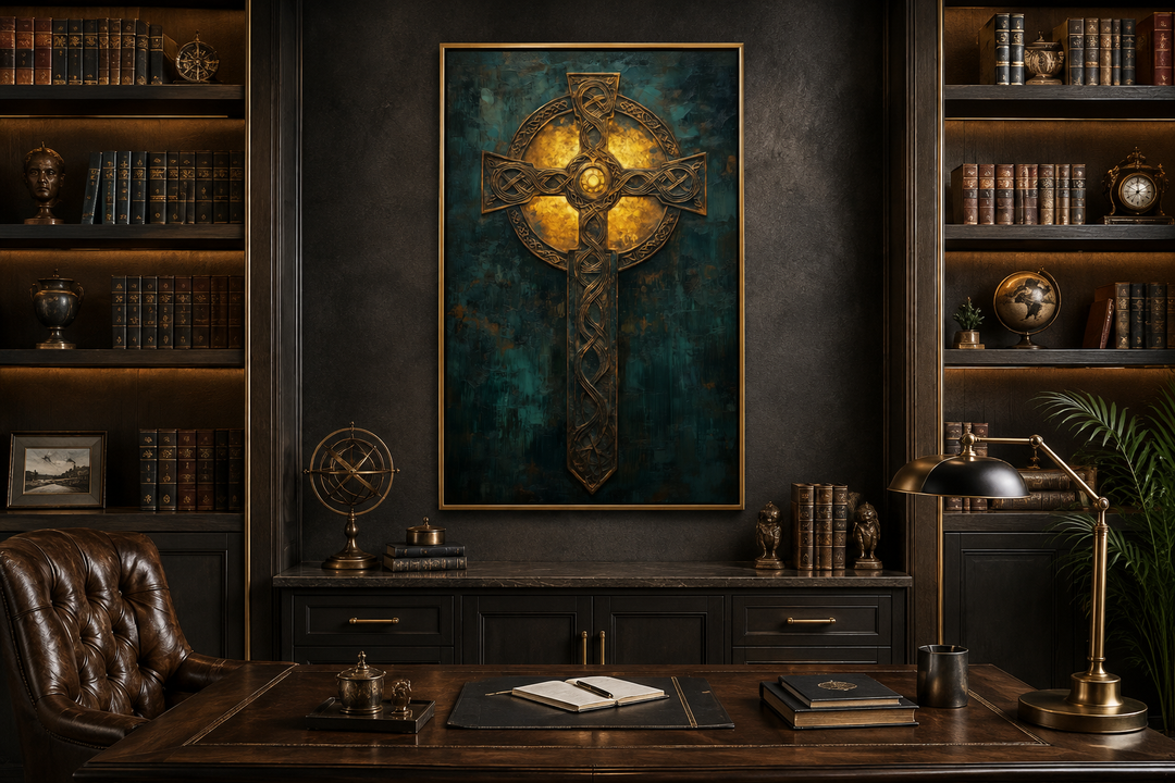 Antique green and gold Celtic cross framed canvas wall art in a dark, traditional study setting.