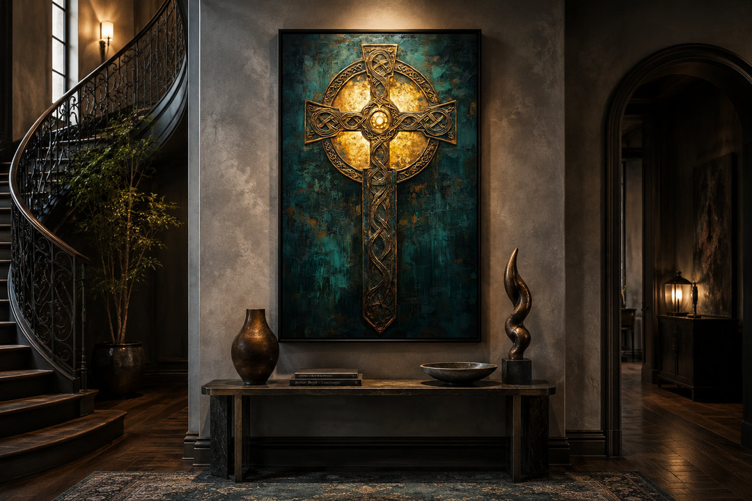 Antique green and gold Celtic cross framed canvas wall art in a dark, traditional hallway.
