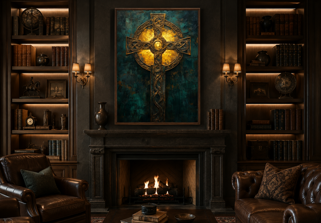 Antique Green Gold Celtic Cross Framed Canvas Wall Art hanging above a fireplace in a library.
