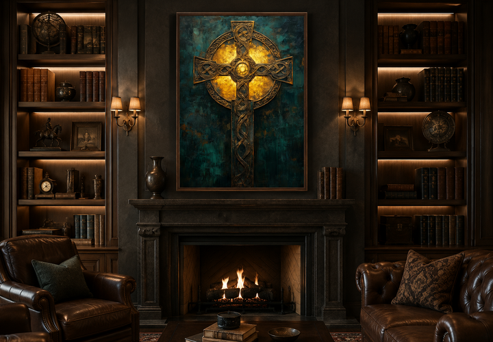 Antique Green Gold Celtic Cross Framed Canvas Wall Art hanging above a fireplace in a library.