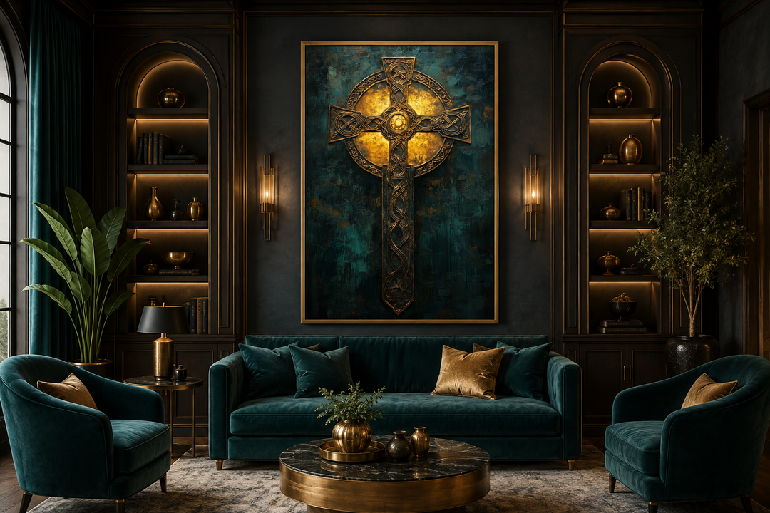 Antique Green Gold Celtic Cross Framed Canvas Wall Art hanging above a teal velvet sofa.