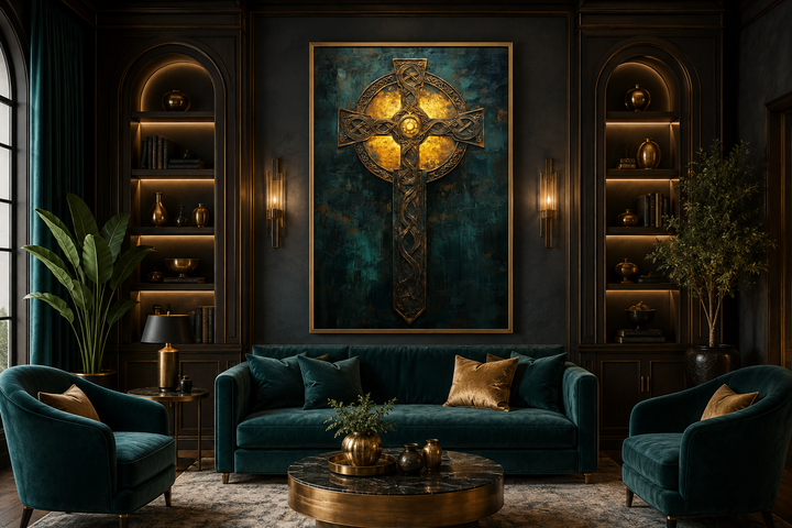 Antique Green Gold Celtic Cross Framed Canvas Wall Art hanging above a teal velvet sofa.
