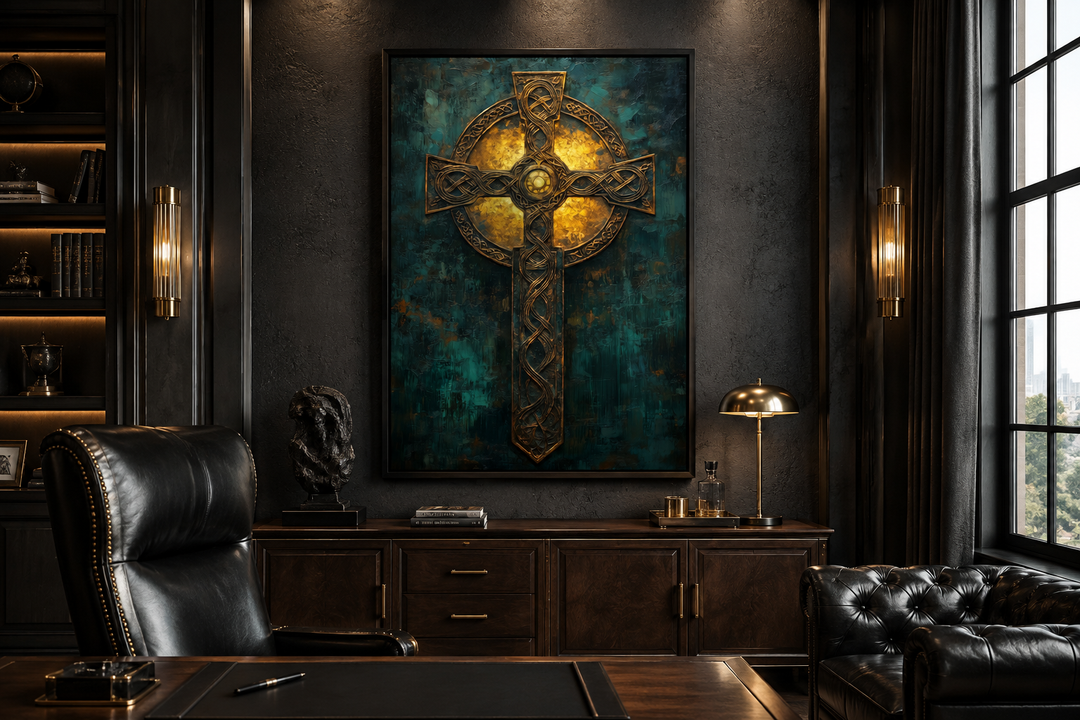 Antique green and gold Celtic cross framed canvas wall art in a dark, traditional office setting.