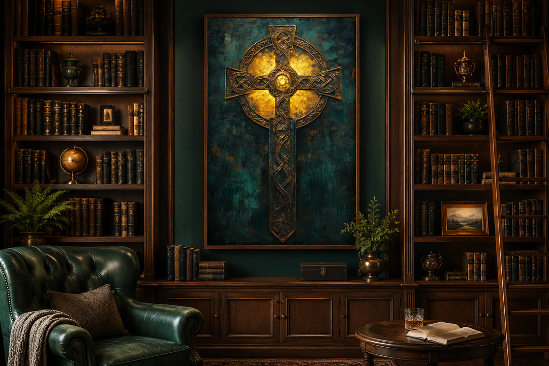 Antique green and gold Celtic cross framed canvas wall art in a dark wood library setting.