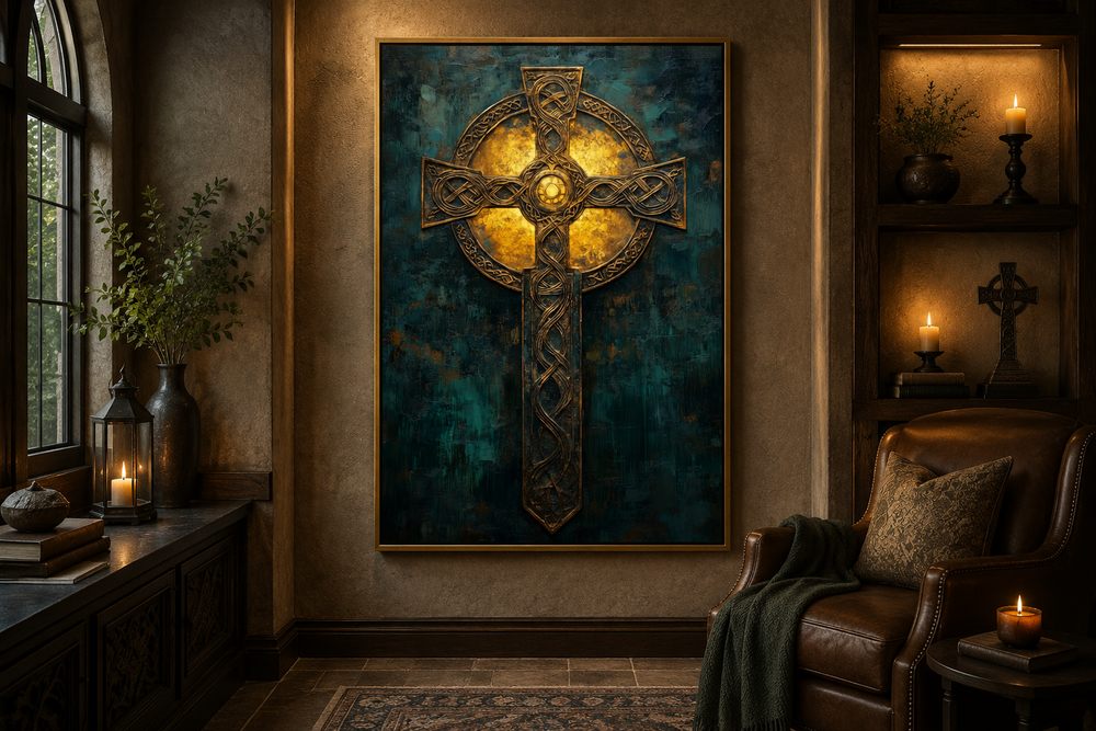 Framed canvas wall art of an ornate gold Celtic cross on a textured dark green background.
