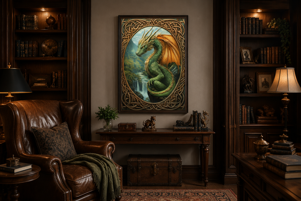 Celtic dragon wall art featuring a green dragon by a waterfall in a mountain valley.