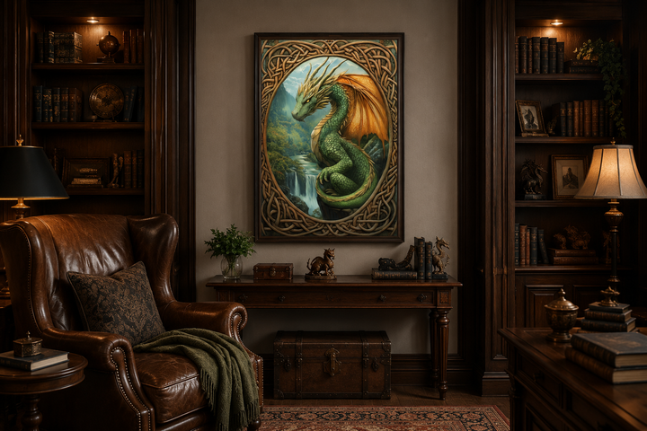Celtic dragon wall art featuring a green dragon by a waterfall in a mountain valley.
