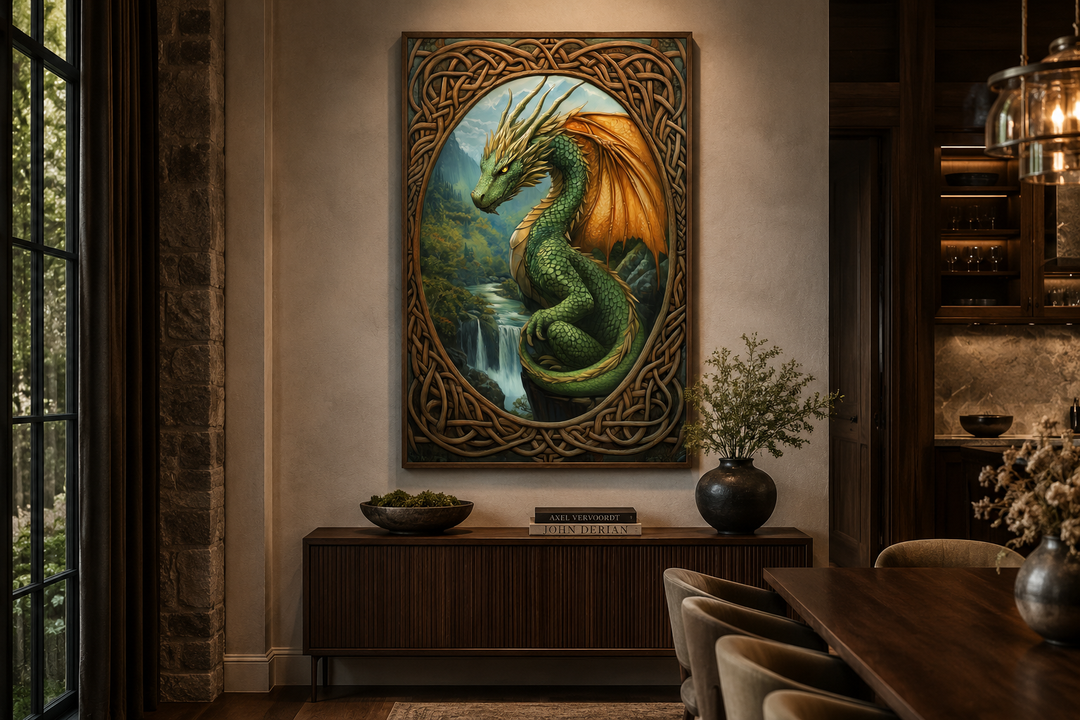 Celtic dragon canvas wall art featuring a green dragon perched over a waterfall in a mountain valley.
