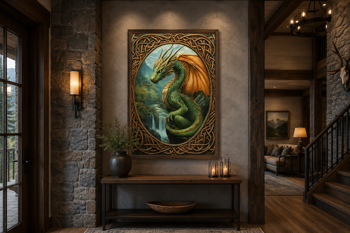 Celtic dragon canvas wall art featuring a green dragon over a waterfall in a mountain valley.