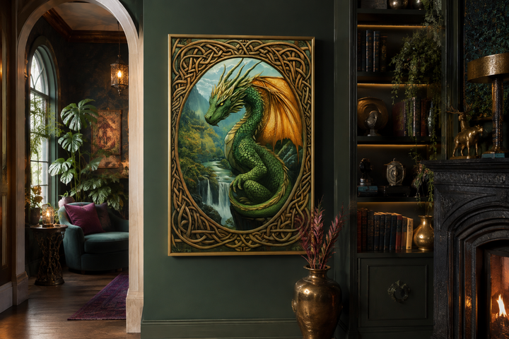Celtic dragon canvas art with green dragon and gold knotwork frame over a mountain waterfall.