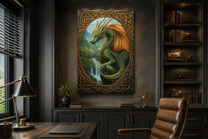 Celtic dragon canvas art with green dragon and knotwork frame in a dark, modern office setting.