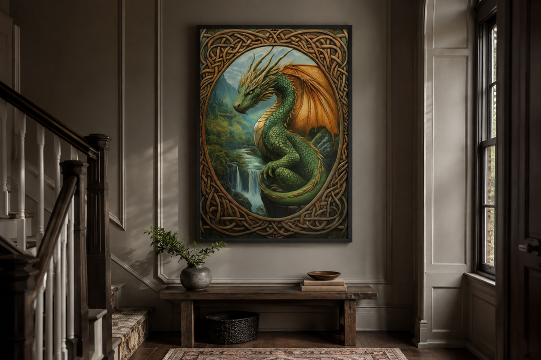 Celtic dragon canvas art with a green dragon perched over a waterfall in a mountain valley.