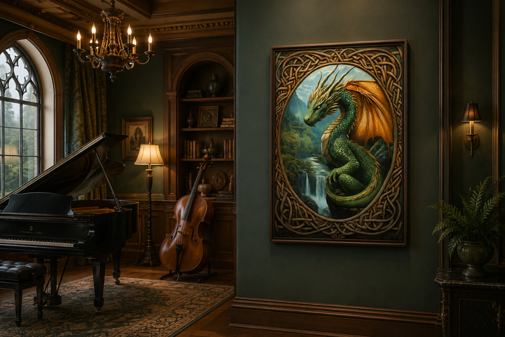 Celtic dragon canvas art with green dragon and waterfall in a dark green study with a piano.