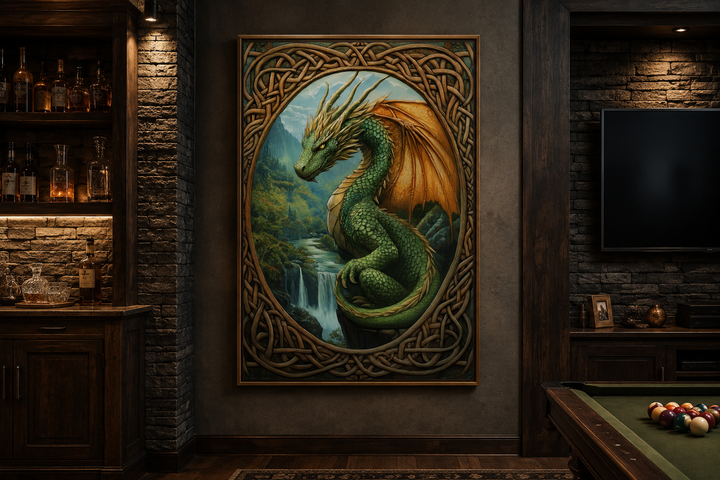 Celtic dragon canvas art perched over a waterfall in a mountain valley, framed in a dark room.