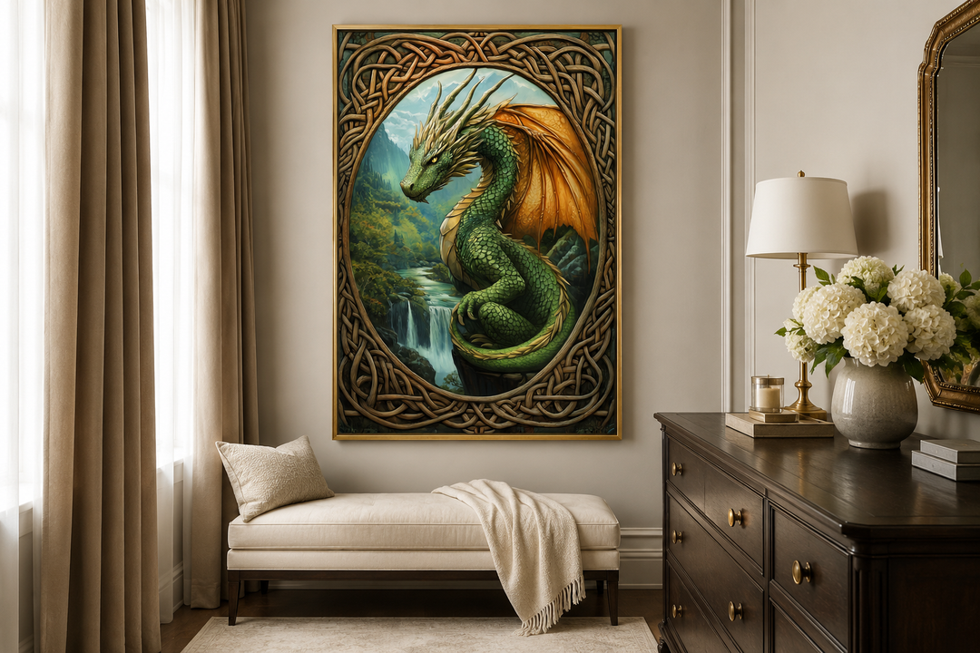 Celtic dragon canvas wall art featuring a green dragon over a waterfall in a mountain valley.