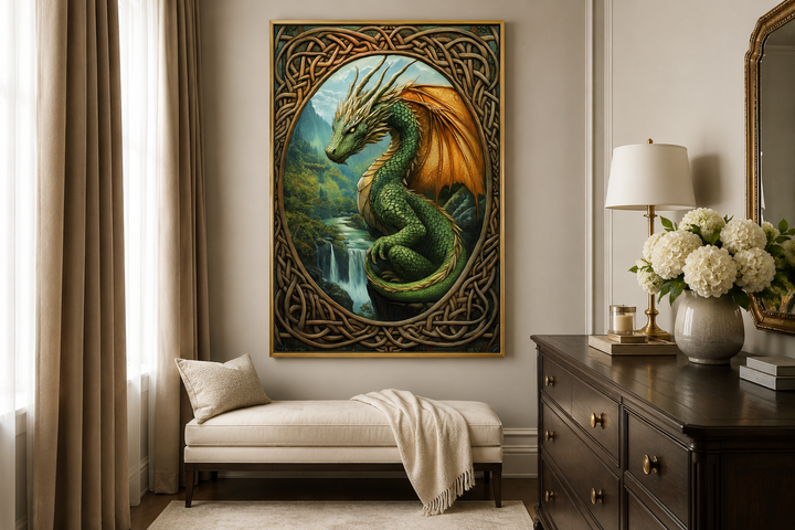 Celtic dragon canvas wall art featuring a green dragon over a waterfall in a mountain valley.