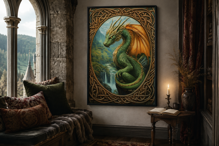 Celtic dragon canvas art featuring a green dragon over a waterfall in a mountain valley.