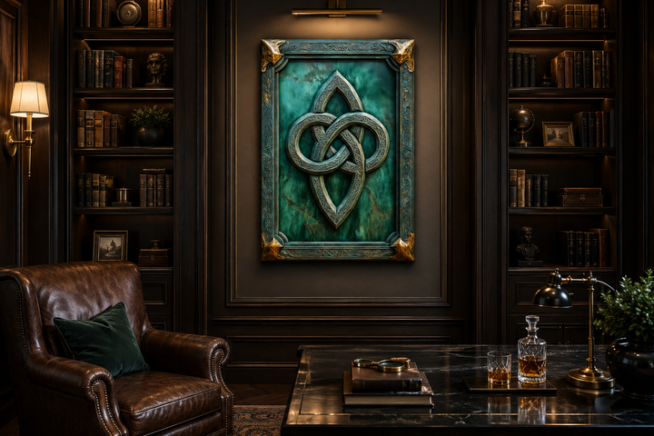 Antique Celtic Knot framed canvas wall art with green background and gold accents in a study.