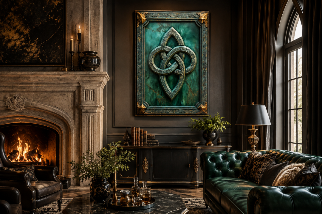 Antique Celtic Knot framed canvas wall art featuring a green background and gold knotwork.