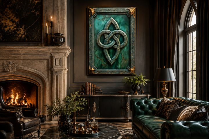 Antique Celtic Knot framed canvas wall art featuring a green background and gold knotwork.