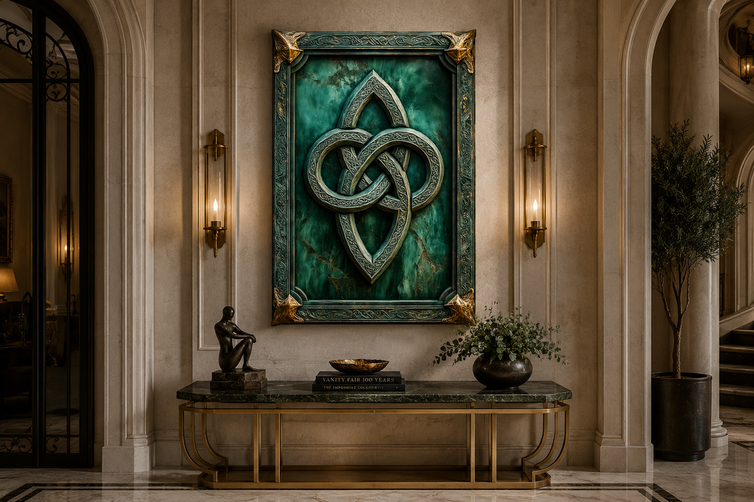 Antique Celtic Knot framed canvas wall art with green background and gold accents on a console table