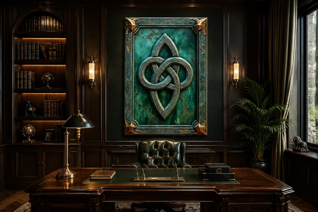 Antique Celtic Knot framed canvas wall art with green and gold details in a dark wood office.