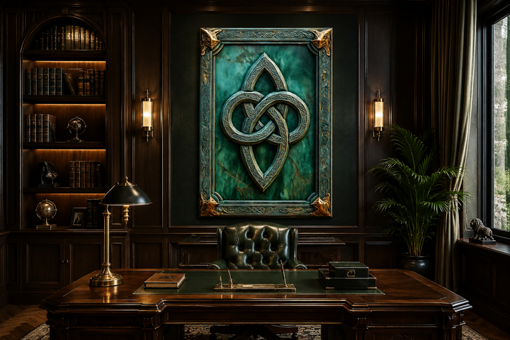 Antique Celtic Knot framed canvas wall art with green and gold details in a dark wood office.
