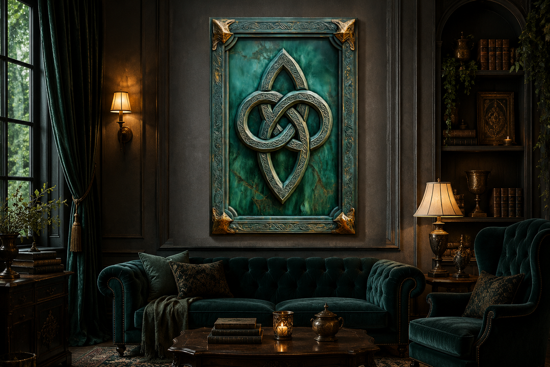 Antique Celtic knot framed canvas wall art with gold accents on a deep green background.