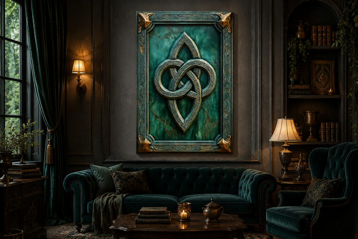 Antique Celtic knot framed canvas wall art with gold accents on a deep green background.