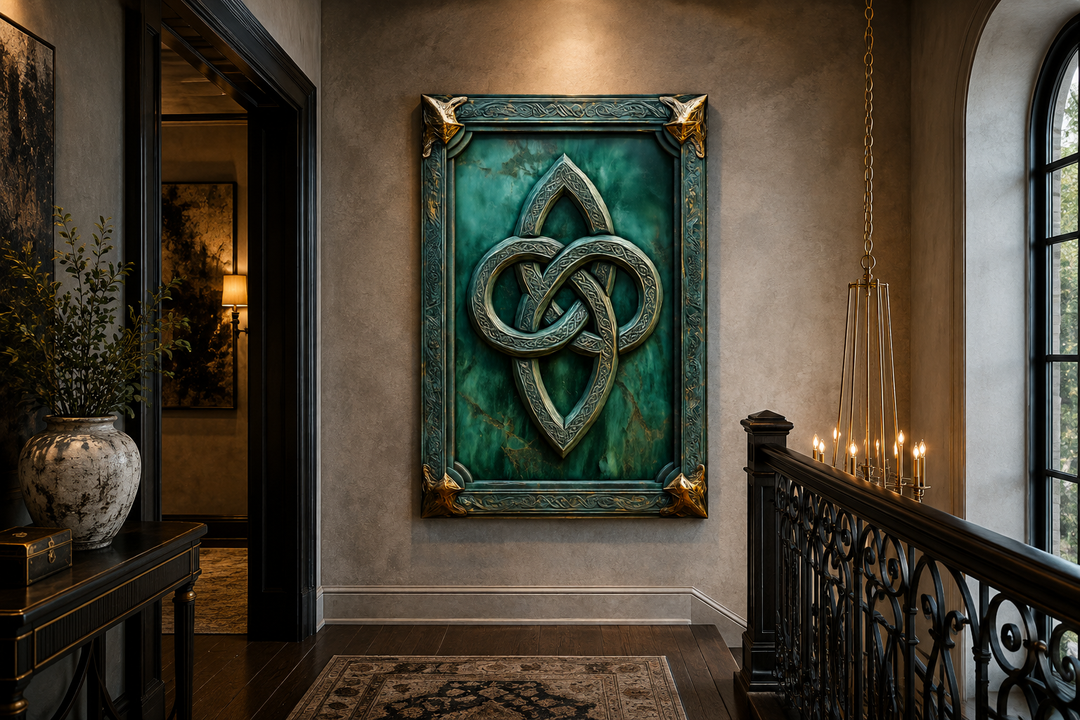 Antique Celtic knot framed canvas wall art with green background and gold accents in a hallway.