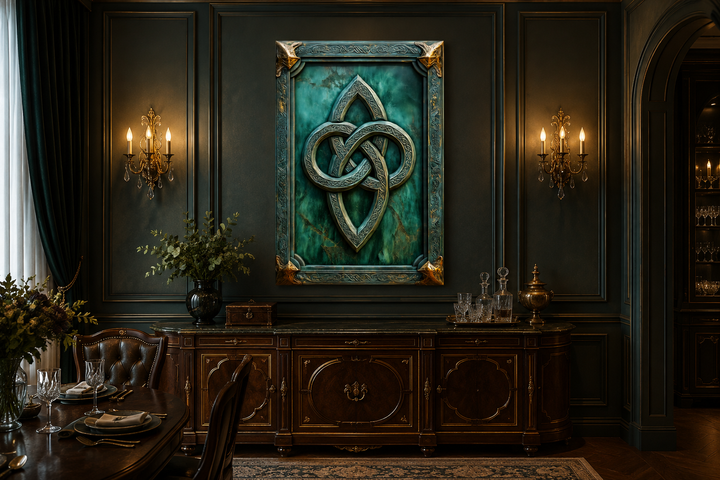 Antique Celtic Knot framed canvas wall art with green background and gold accents in a dark room.